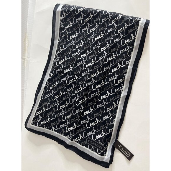 COACH 100% SIlk Scarf Black White Gray Cursive Logo 58" x 10" - Picture 7 of 8